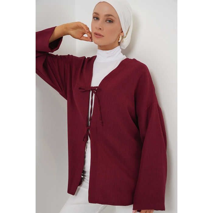 Keten Tesettür Kimono 5968 - Bordo