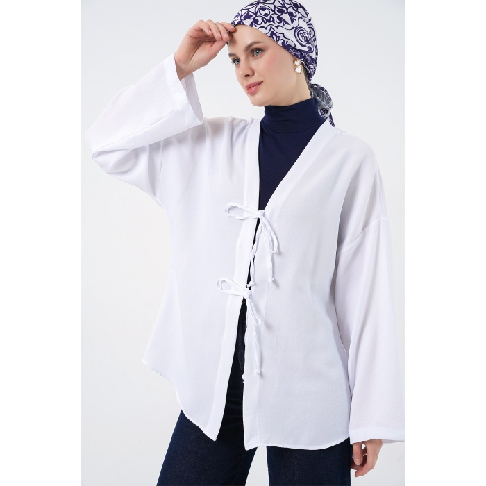 Keten Tesettür Kimono 5968 - Beyaz