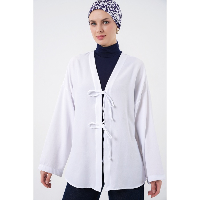 Keten Tesettür Kimono 5968 - Beyaz