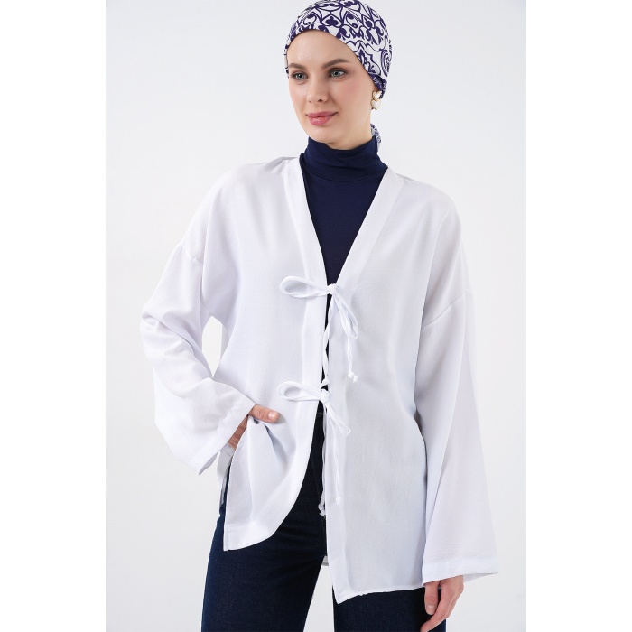 Keten Tesettür Kimono 5968 - Beyaz