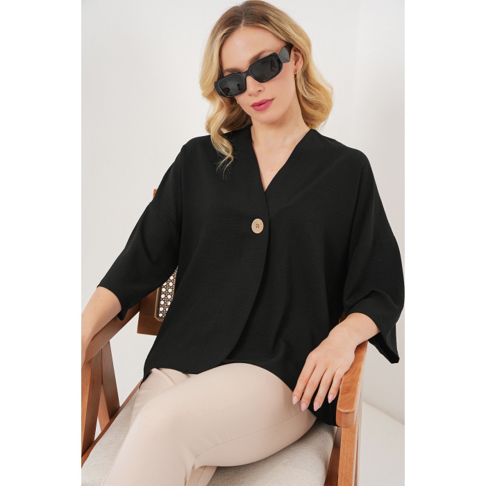 Kadın Kısa Kol Oversize Kimono 5969 - Siyah