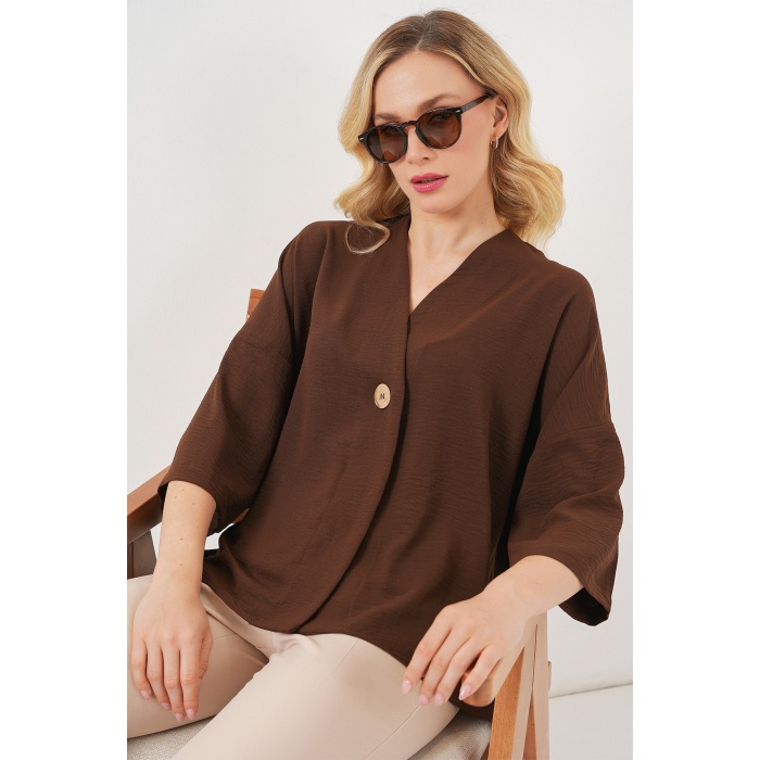 Kadın Kısa Kol Oversize Kimono 5969 - Kahverengi