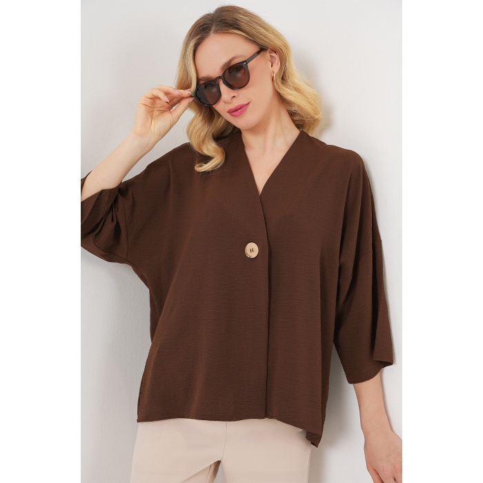 Kadın Kısa Kol Oversize Kimono 5969 - Kahverengi