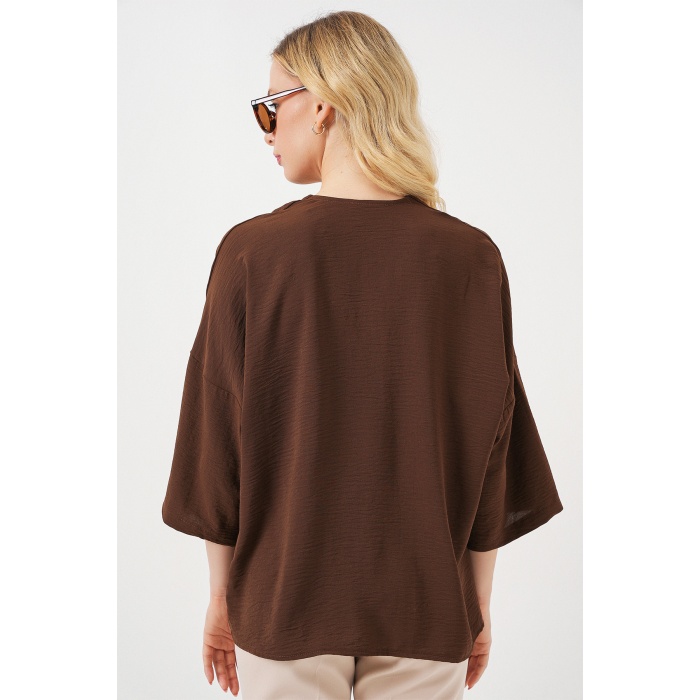 Kadın Kısa Kol Oversize Kimono 5969 - Kahverengi