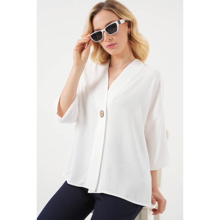Kadın Kısa Kol Oversize Kimono 5969 - Beyaz