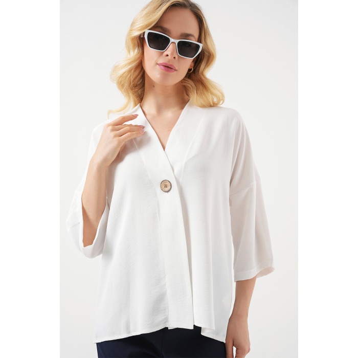 Kadın Kısa Kol Oversize Kimono 5969 - Beyaz