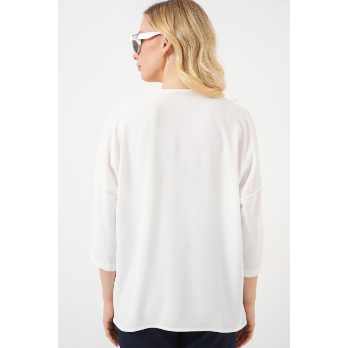 Kadın Kısa Kol Oversize Kimono 5969 - Beyaz