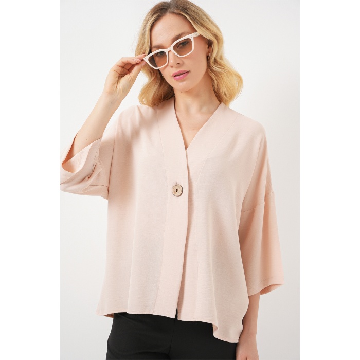 Kadın Kısa Kol Oversize Kimono 5969 - Krem