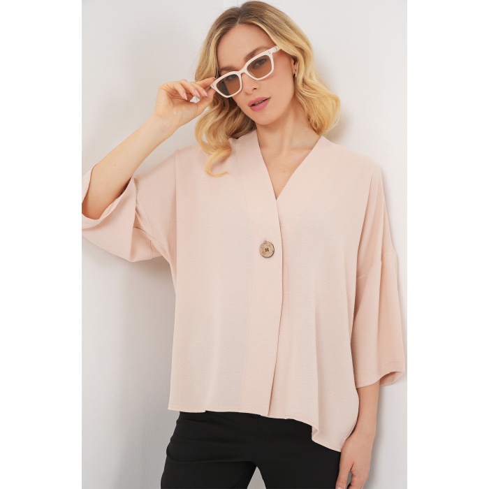 Kadın Kısa Kol Oversize Kimono 5969 - Krem