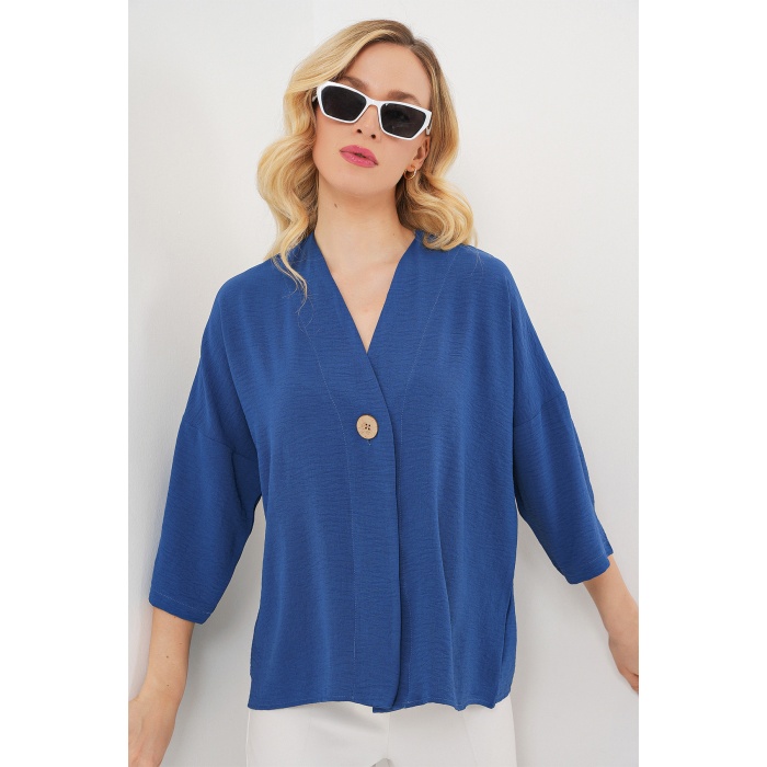 Kadın Kısa Kol Oversize Kimono 5969 - İndigo