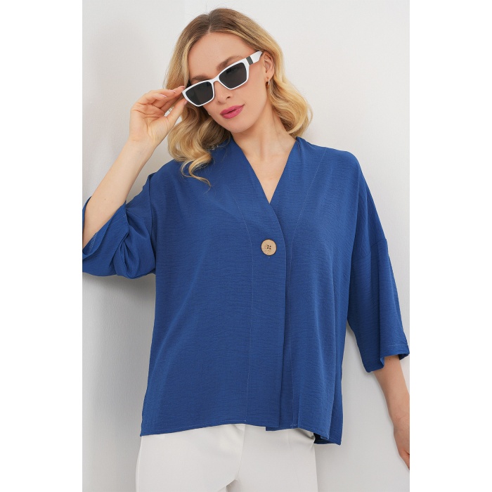 Kadın Kısa Kol Oversize Kimono 5969 - İndigo