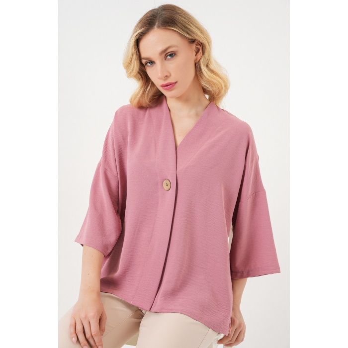 Kadın Kısa Kol Oversize Kimono 5969 - Gül Kurusu