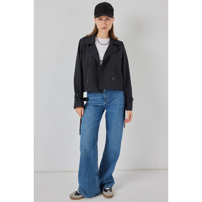 Kadın Kemerli Kısa Trençkot 5970 - Siyah