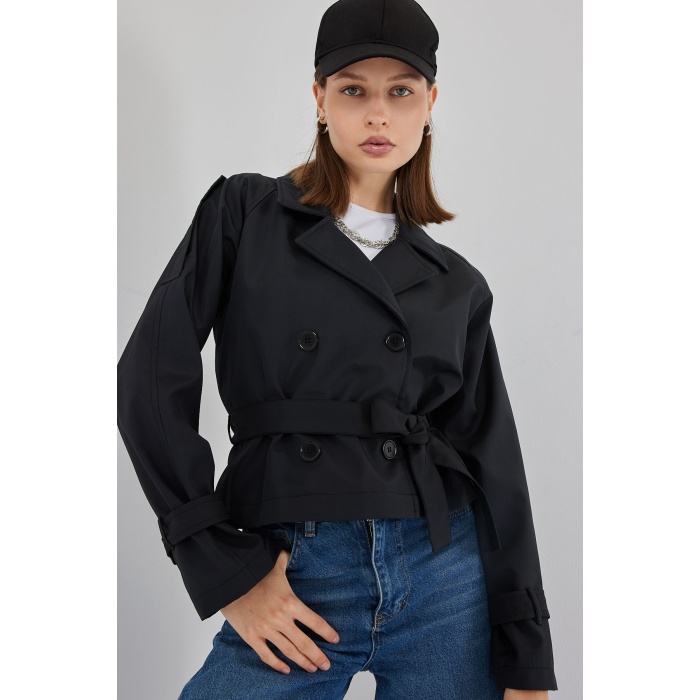 Kadın Kemerli Kısa Trençkot 5970 - Siyah