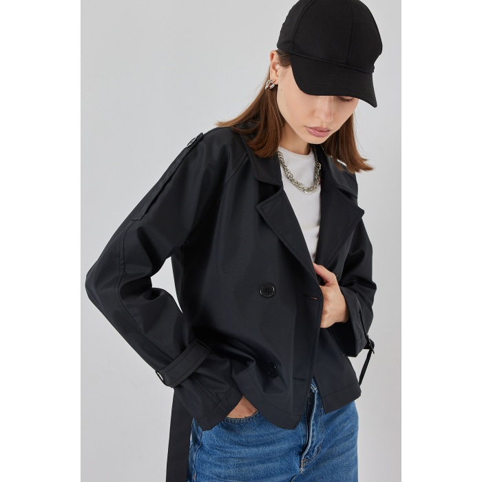 Kadın Kemerli Kısa Trençkot 5970 - Siyah