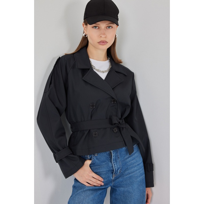 Kadın Kemerli Kısa Trençkot 5970 - Siyah