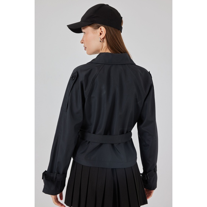 Kadın Kemerli Kısa Trençkot 5970 - Siyah