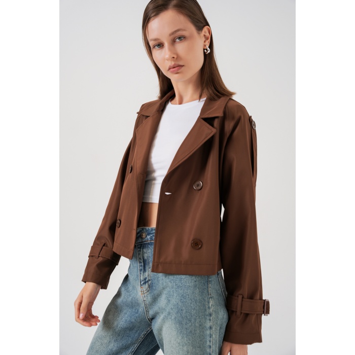 Kadın Kemerli Kısa Trençkot 5970 - Kahverengi
