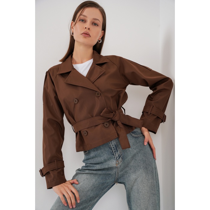 Kadın Kemerli Kısa Trençkot 5970 - Kahverengi