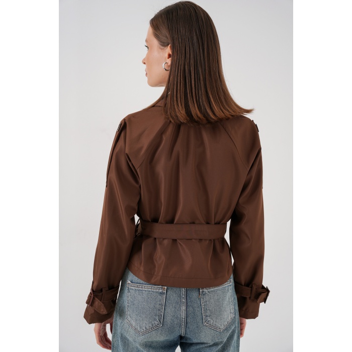 Kadın Kemerli Kısa Trençkot 5970 - Kahverengi