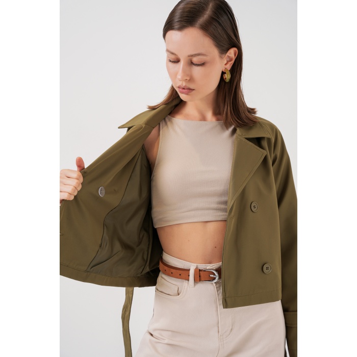 Kadın Kemerli Kısa Trençkot 5970 - Haki