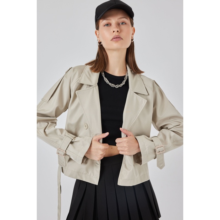 Kadın Kemerli Kısa Trençkot 5970 - Taş