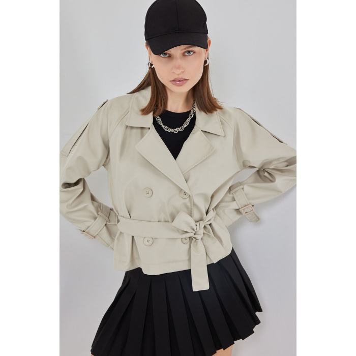 Kadın Kemerli Kısa Trençkot 5970 - Taş