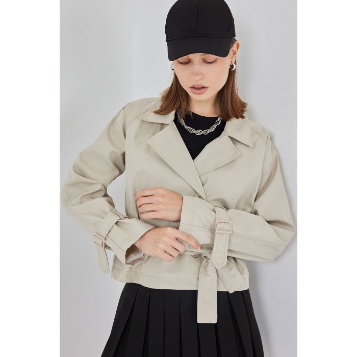 Kadın Kemerli Kısa Trençkot 5970 - Taş