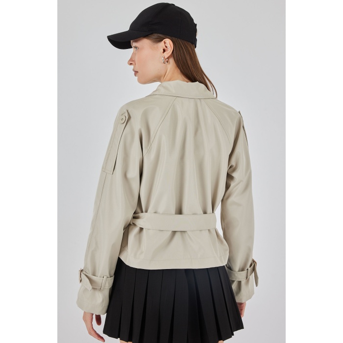 Kadın Kemerli Kısa Trençkot 5970 - Taş