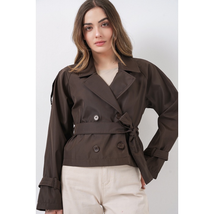 Kadın Kemerli Kısa Trençkot 5970 - A.Kahve