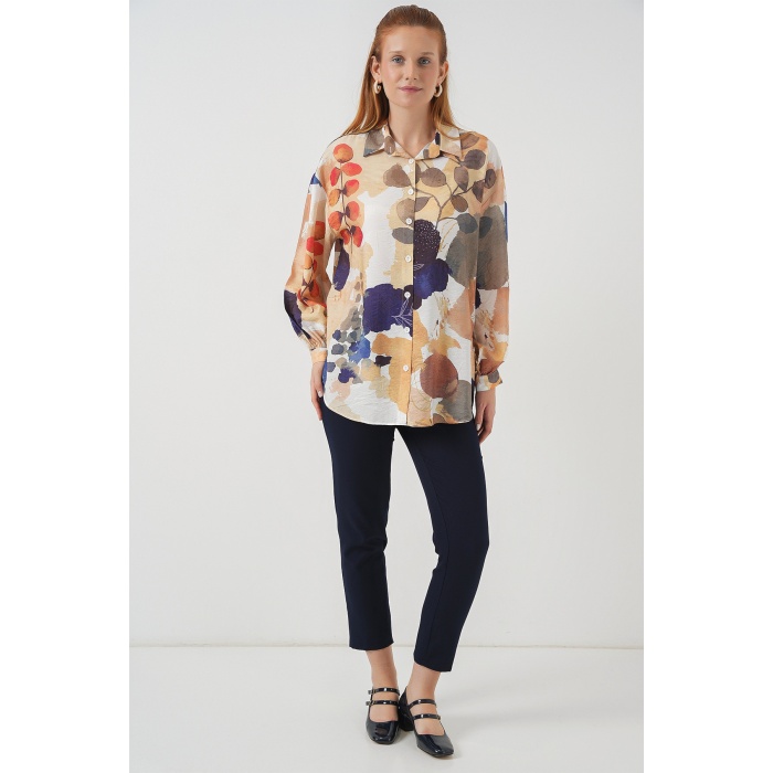 Kadın Desenli Overize Gömlek Tunik 5971 - Lacivert