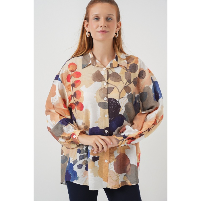 Kadın Desenli Overize Gömlek Tunik 5971 - Lacivert