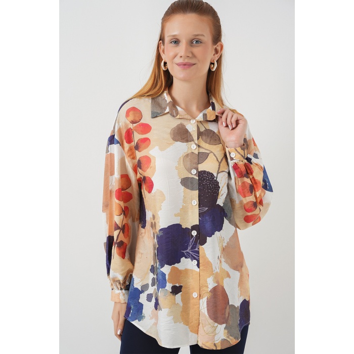 Kadın Desenli Overize Gömlek Tunik 5971 - Lacivert