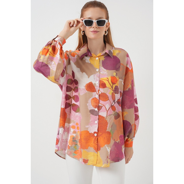 Kadın Desenli Overize Gömlek Tunik 5971 - Turuncu