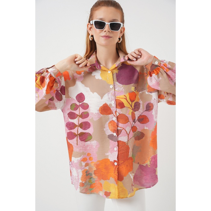Kadın Desenli Overize Gömlek Tunik 5971 - Turuncu