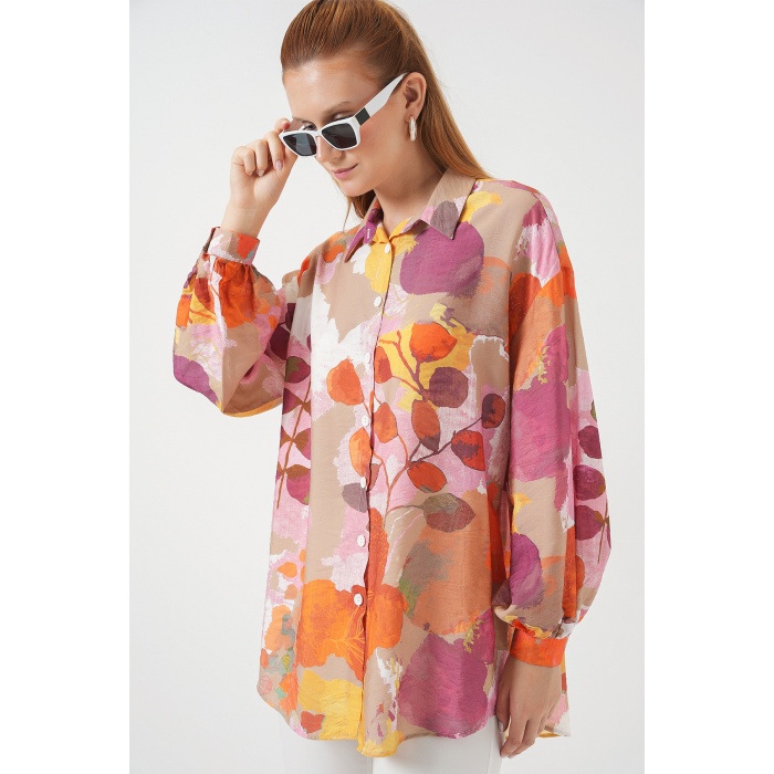 Kadın Desenli Overize Gömlek Tunik 5971 - Turuncu