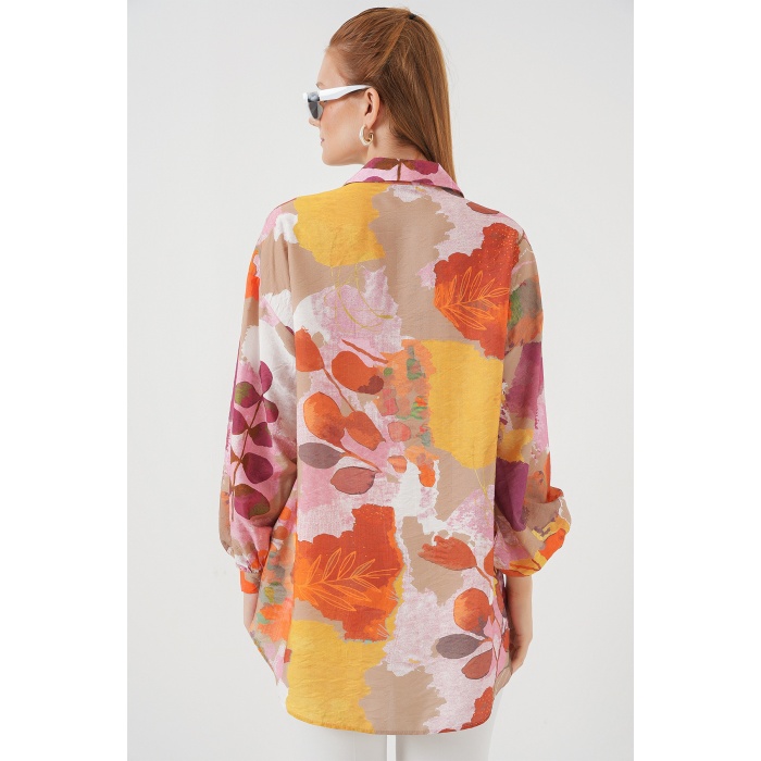 Kadın Desenli Overize Gömlek Tunik 5971 - Turuncu
