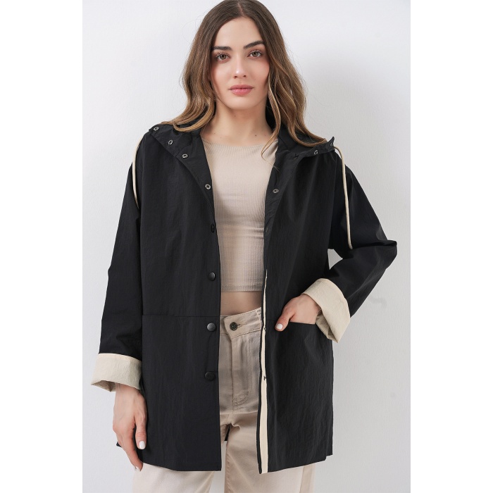 Kadın Teknik Kumaş Kapüşonlu Trençkot 5972 - Siyah