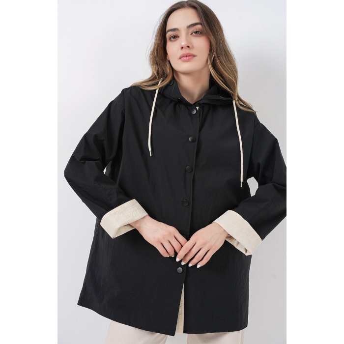 Kadın Teknik Kumaş Kapüşonlu Trençkot 5972 - Siyah