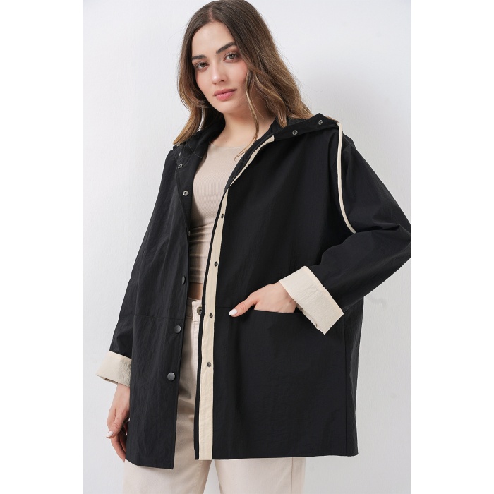 Kadın Teknik Kumaş Kapüşonlu Trençkot 5972 - Siyah