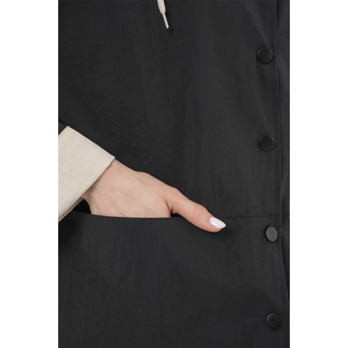 Kadın Teknik Kumaş Kapüşonlu Trençkot 5972 - Siyah