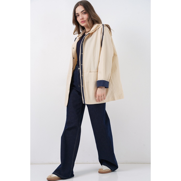 Kadın Teknik Kumaş Kapüşonlu Trençkot 5972 - Ekru