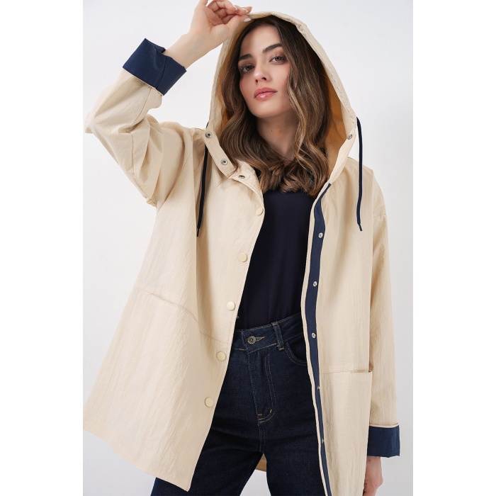 Kadın Teknik Kumaş Kapüşonlu Trençkot 5972 - Ekru