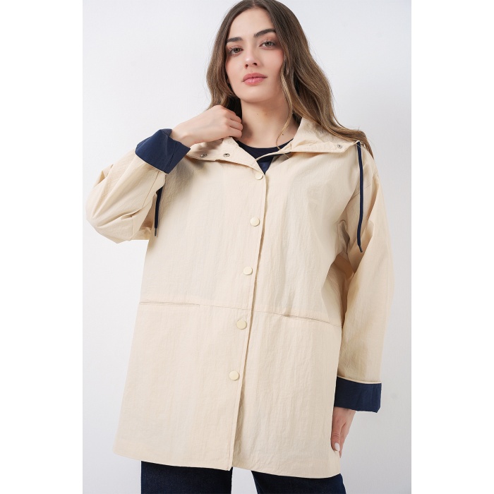 Kadın Teknik Kumaş Kapüşonlu Trençkot 5972 - Ekru