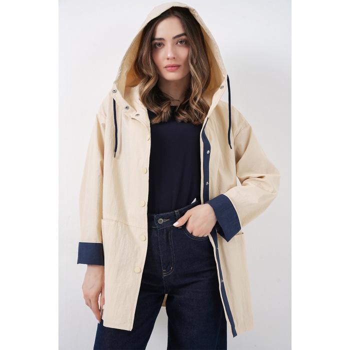 Kadın Teknik Kumaş Kapüşonlu Trençkot 5972 - Ekru