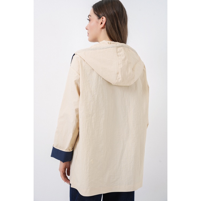 Kadın Teknik Kumaş Kapüşonlu Trençkot 5972 - Ekru