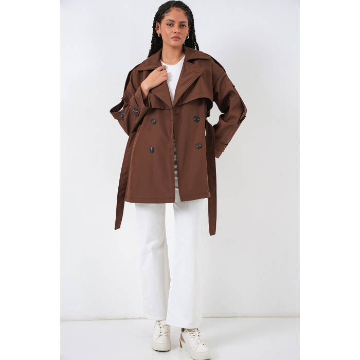 Kadın Kuşaklı Kısa Trençkot 5974 - Kahverengi
