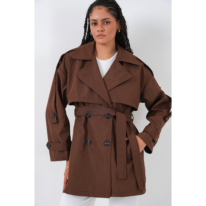 Kadın Kuşaklı Kısa Trençkot 5974 - Kahverengi