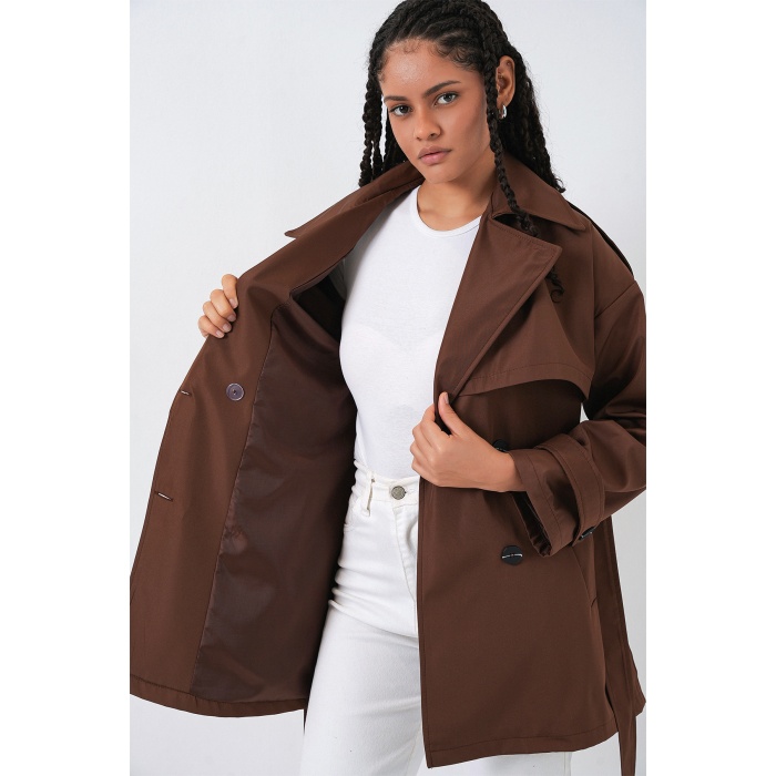 Kadın Kuşaklı Kısa Trençkot 5974 - Kahverengi