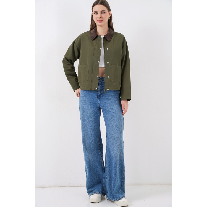 Kadın Cep Detaylı Kısa Ceket 5975 - Haki